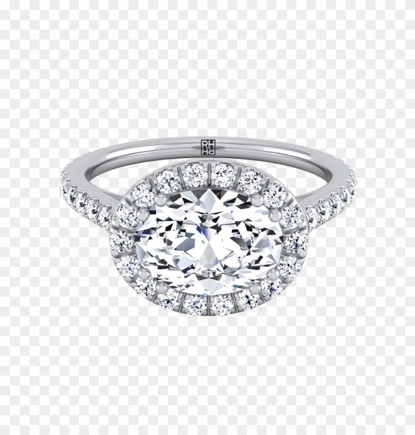 Oval Shape Diamond Halo Engagement Ring East West With - Engagement Ring Clipart #3292374