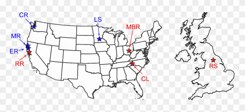Maps Of The Us And Uk Showing The Location Of The Eight - Blank Clip Art White Map Of Usa - Png Download