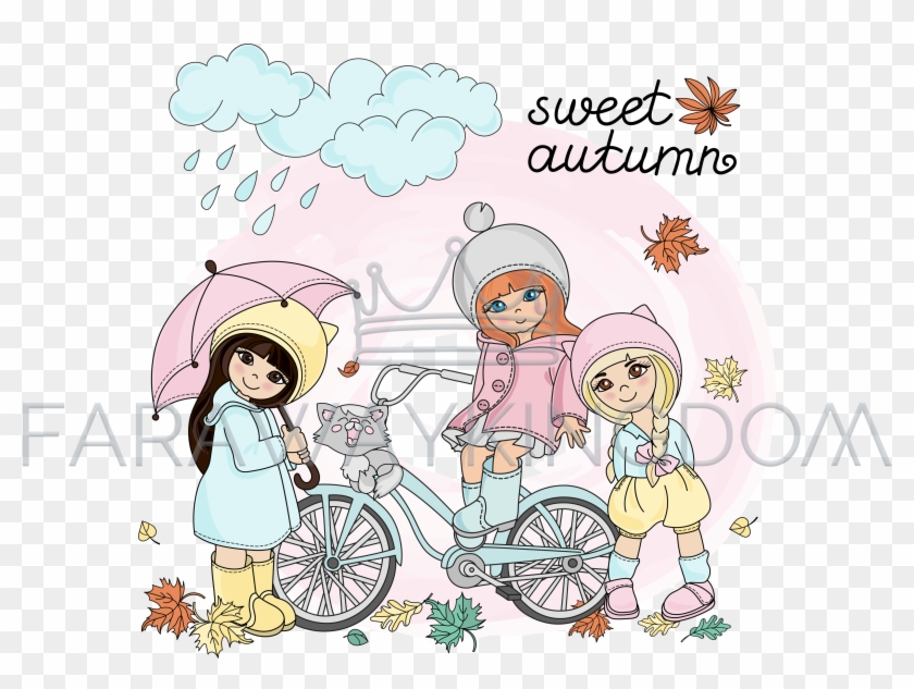 Autumn Children Rain Girls Season Vector Illustration - Illustration Clipart