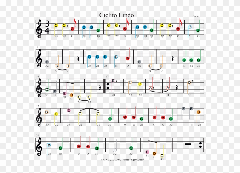 Color Coded Easy Violin Sheet Music For Cielito Lindo - Sheet Music Notes Chart Clipart #3307978