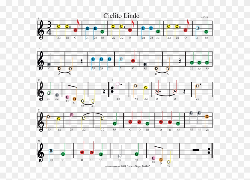 Color Coded Easy Violin Sheet Music For Cielito Lindo - Sheet Music Notes Chart Clipart