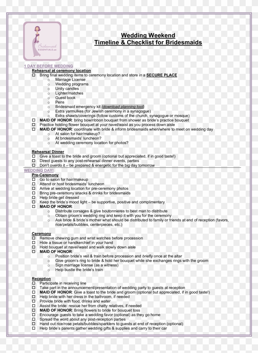 Wedding Day Timeline Templatee Bridesmaids Templates - Bridesmaid Wedding Weekend Timeline Clipart