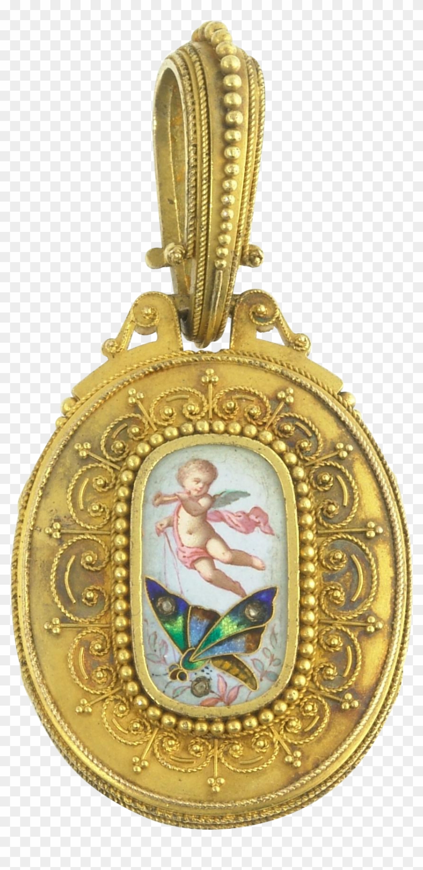 Antique Victorian Enamel Cherub Angel Putti Butterfly - Enamel Sterling Victorian Locket Clipart