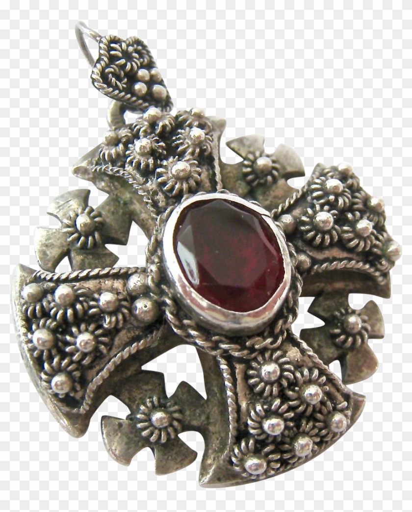 950 Silver And Garnet Jerusalem Cross Pendant From - Crystal Clipart