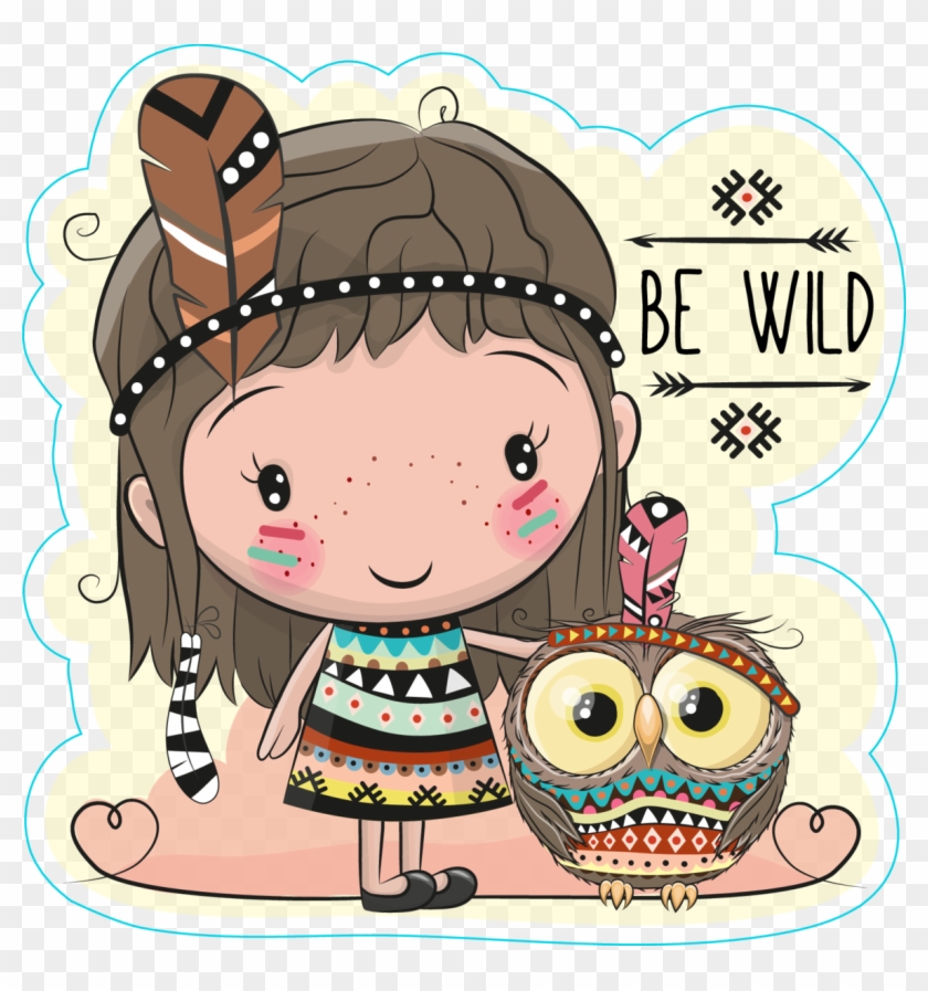 Tribal Girl And Owl Hippie Boho Sticker - Wild Tribal Cartoon Clipart