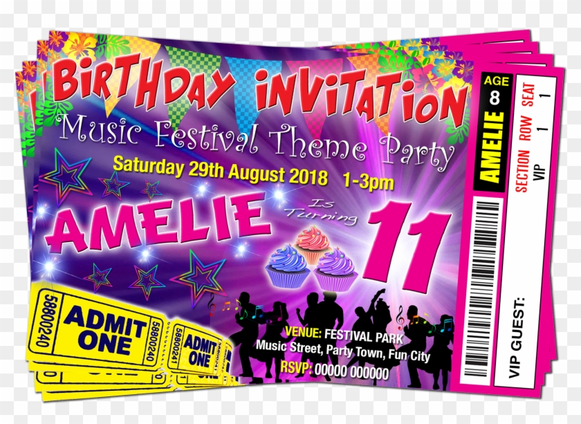 Music Festival Theme, Ticket Style, Pink Birthday Party - Festival Themed Birthday Party Invite Clipart
