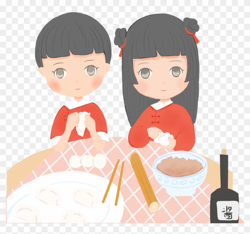 Boy Festive Spring Festival Eating Dumplings Sauce - Cartoon Clipart