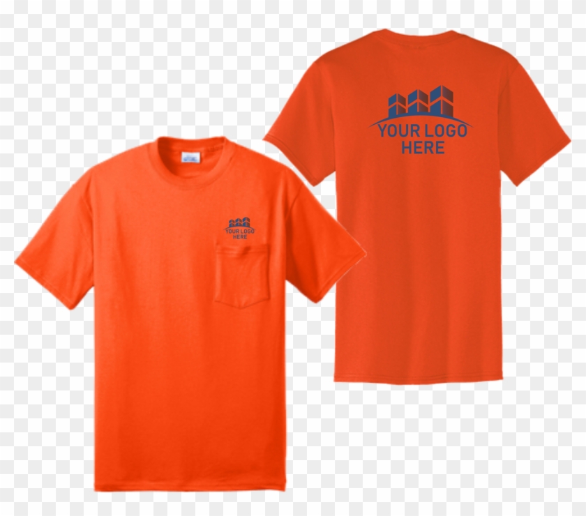 Safety Orange Short Sleeve Pocket T Shirt Front And - Orange Shirt Front And Back Clipart
