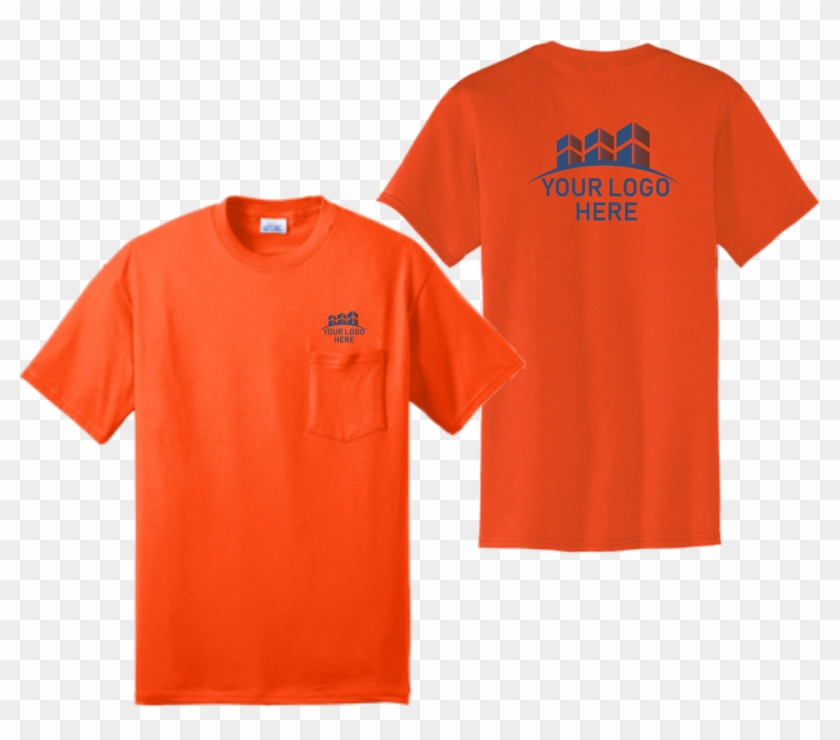 Safety Orange Short Sleeve Pocket T Shirt Front And - Orange Shirt Front And Back Clipart #3369546