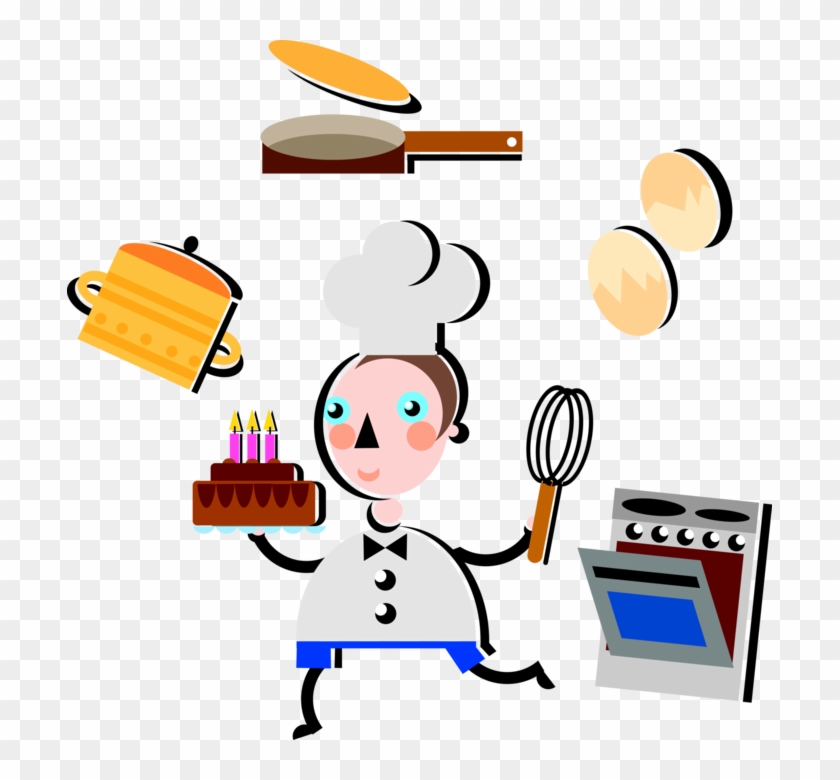 Vector Illustration Of Pastry Chef Bakes Birthday Cake Clipart