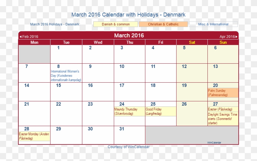 March 2016 Calendar With Dnk Holidays - Miercoles De Ceniza 2019 Clipart #3370097