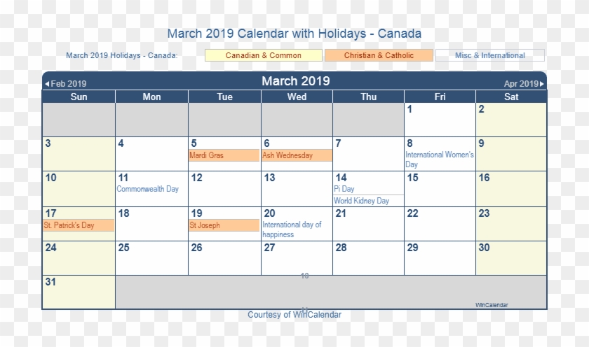 March 2019 Calendar Holidays Canada - Holidays In March 2019 Clipart