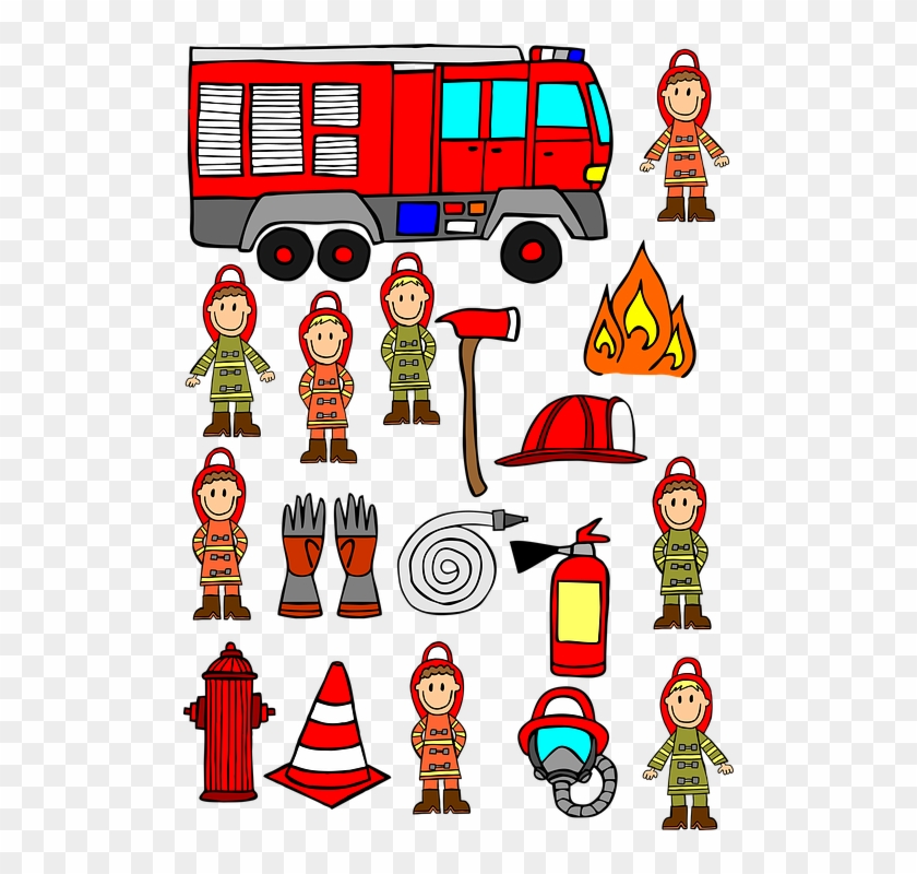 Firemen Hand Drawn Fire Engine Car Axe Clipart