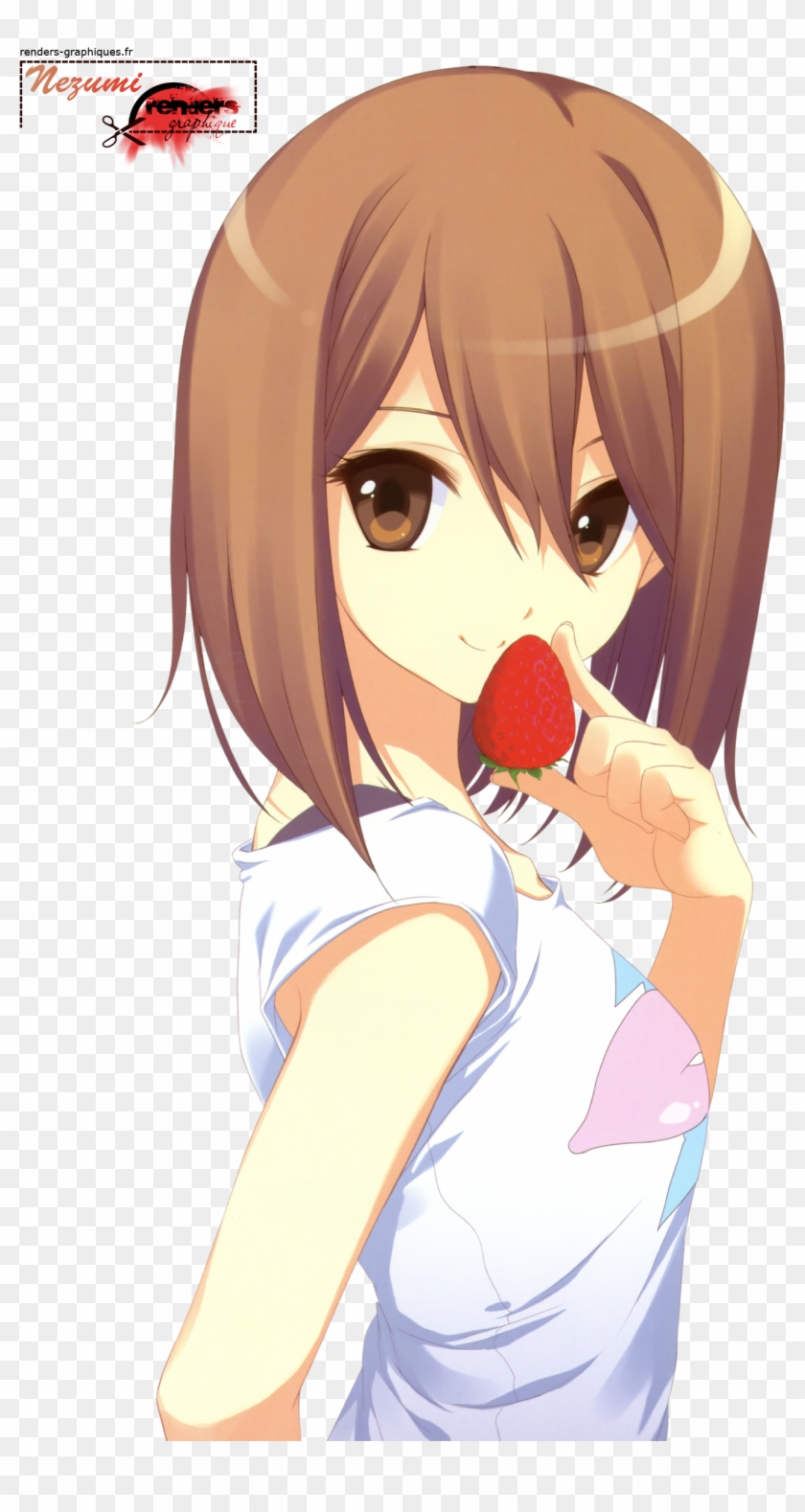 Renders K On Yui Hirasawa Brune Fraise Tee Shirt Blanc - K On Yui Clipart