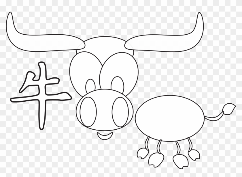 Chinese Horoscope Animal Ox Black White Line Art Chinese - Cartoon Clipart #3385879