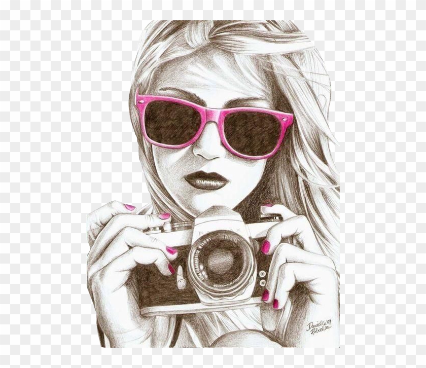 Girl, Pink, And Camera Image - Black And White Drawing With Color Clipart