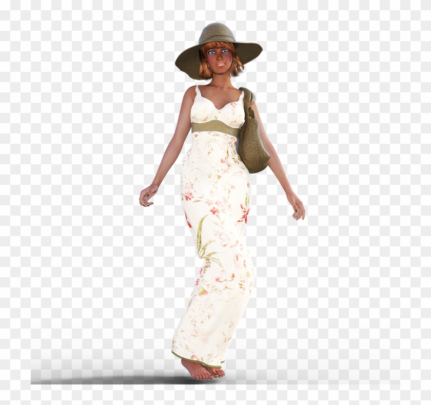 Woman Summer Dress Hat Girl Bag Flowers - Girl Summer Png Clipart #3414660