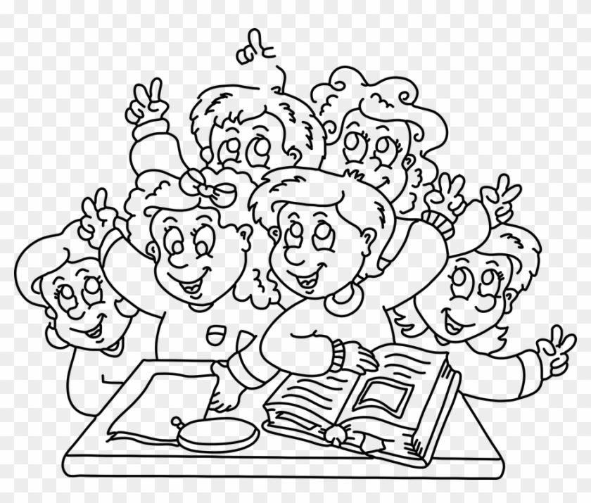 Happy Children In School Cartoon Black And White Clipart #3459744