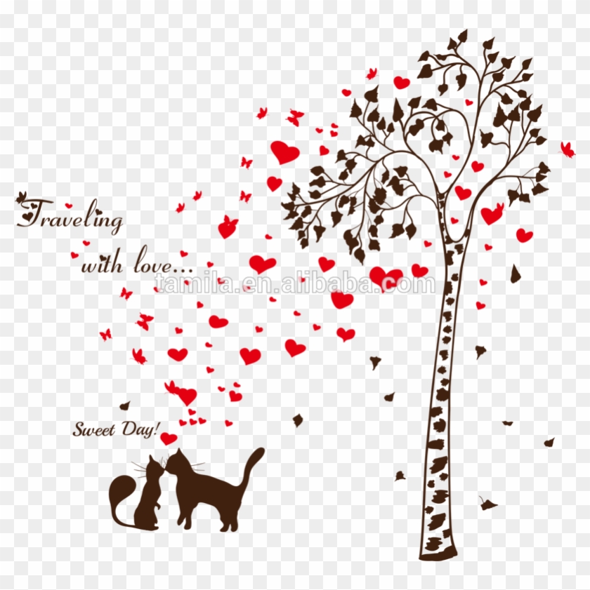 La Mariposa Corazón Cariñoso Dulce Gato Rama De Árbol - Love Design On Red Wall Clipart