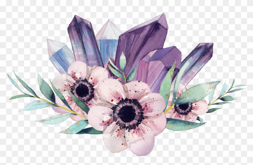Gemstone Flower Watercolor Painting Crystal Clip Art - Crystal And Flowers Watercolor - Png Download #3468784