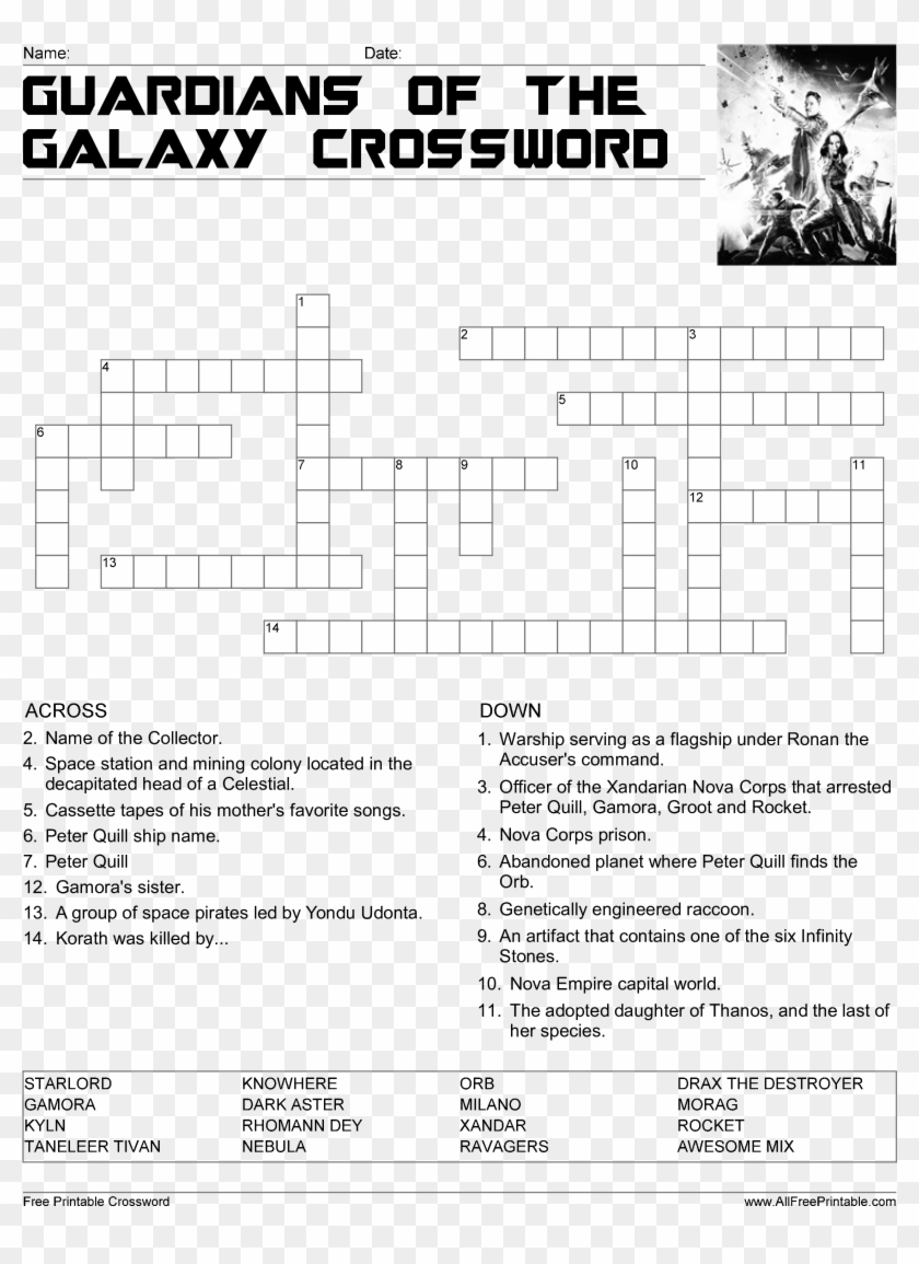Guardians Of The Galaxy Crossword Game - Marvel Crossword Puzzles Printable Clipart #3469569
