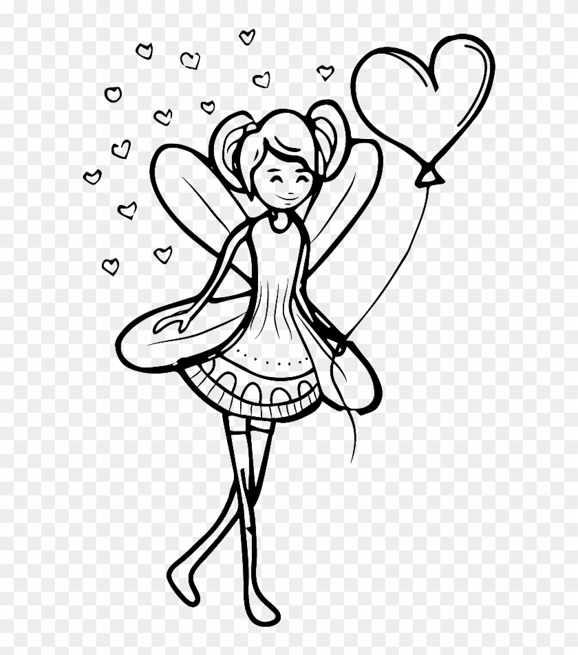 Black And White Sketch Fairy Love Vector - Line Art Clipart
