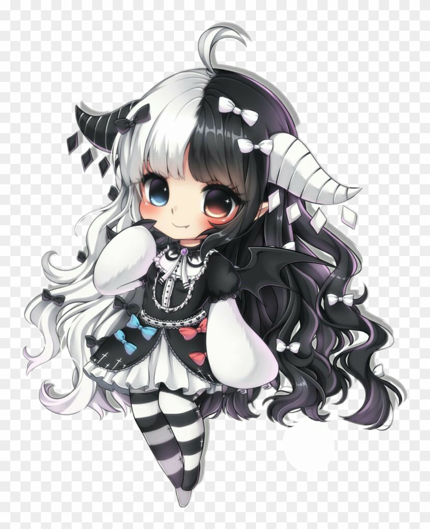 #chibi #demon #cute #black#blackandwhite #anime #kawaii - Anime Girl Half Black And White Hair Clipart