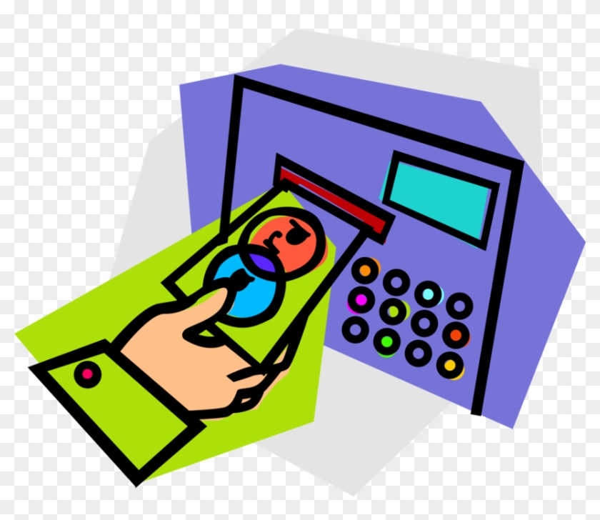 Vector Illustration Of Hand Inserts Bank Card In Bank - Trade Offs Savings Plans Clipart