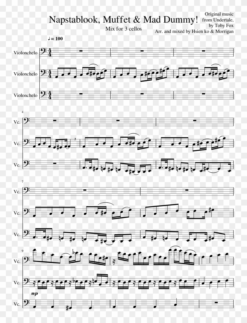 Blooky, Muffet & Mad Dummy For 3 Cellos Piano Tutorial - Sheet Music Clipart