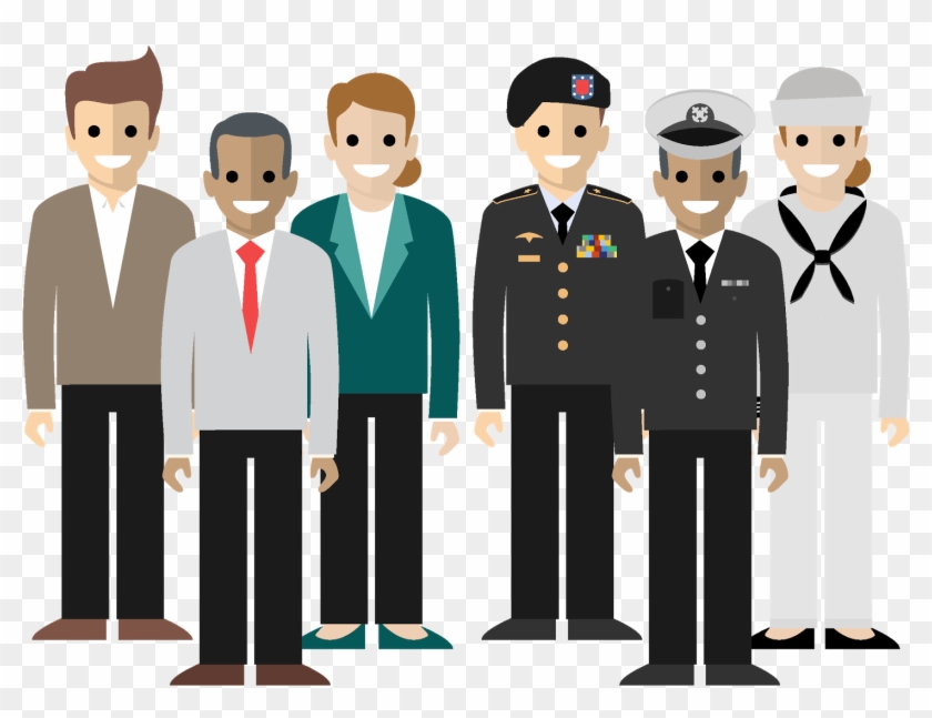 A Group Of Civilian Professionals And A Group Of Veterans - Cartoon Clipart