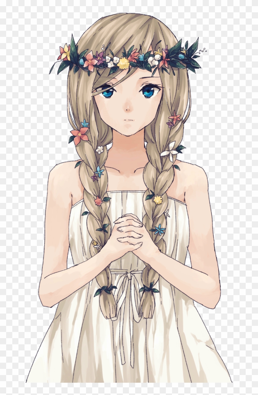 Anime Girl Wearing A White Dress And Flower Crown - Flower Crown Anime Girl Clipart
