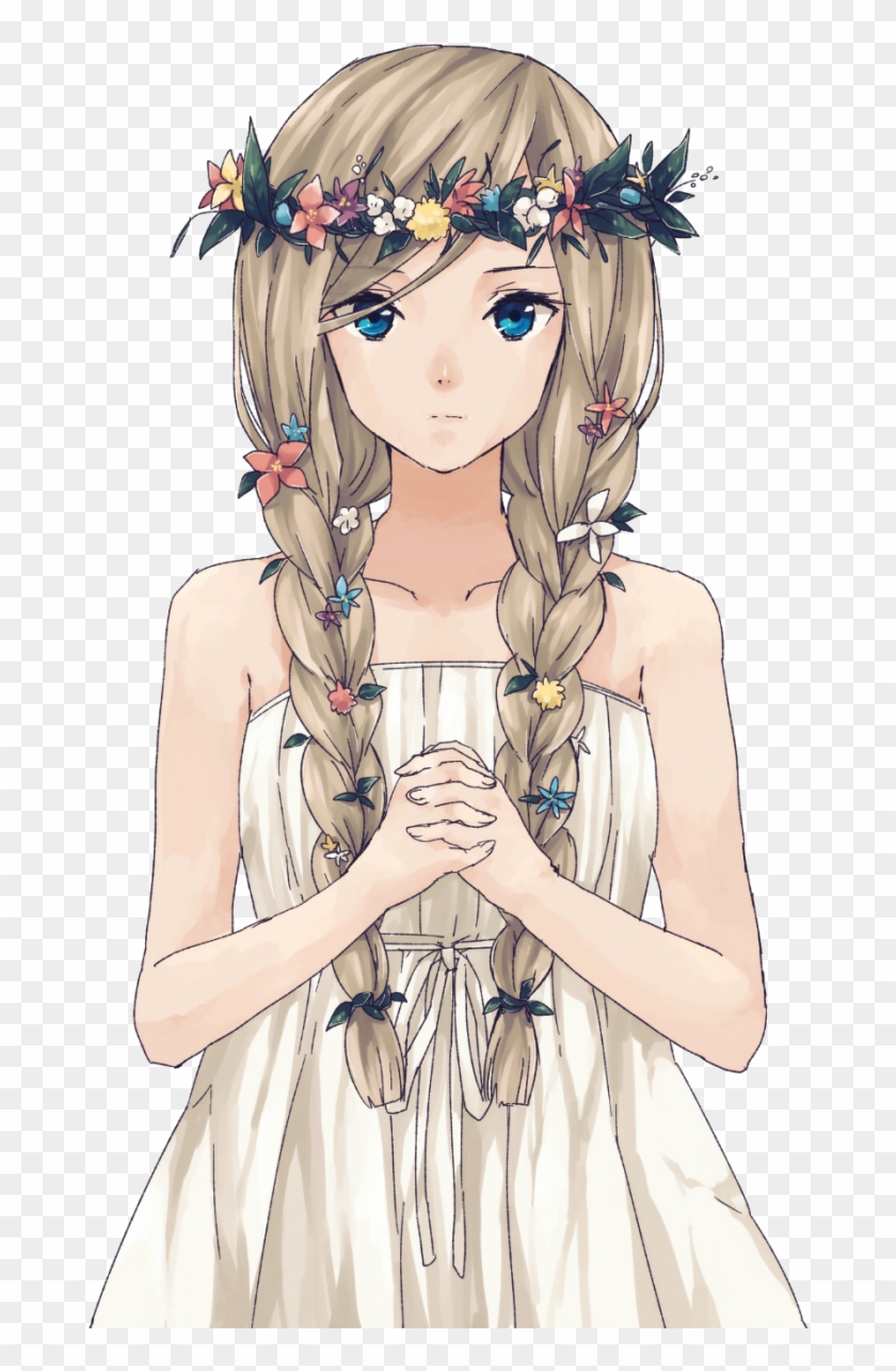 Anime Girl Wearing A White Dress And Flower Crown - Flower Crown Anime Girl Clipart #3526841