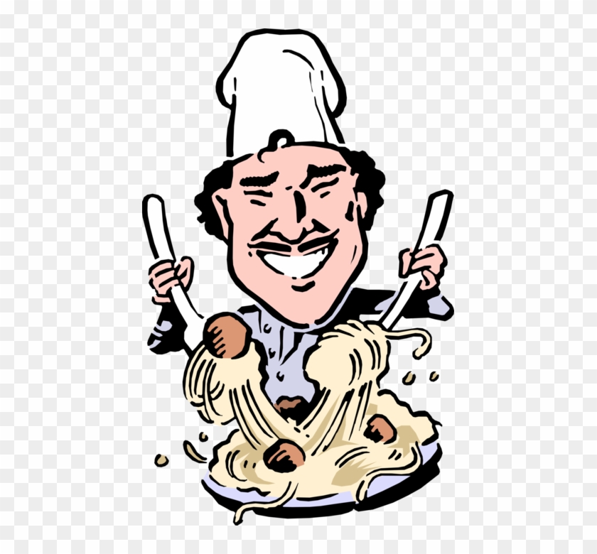 Vector Illustration Of Italian Chef Tosses Pasta Spaghetti - Cartoon Koch Clipart
