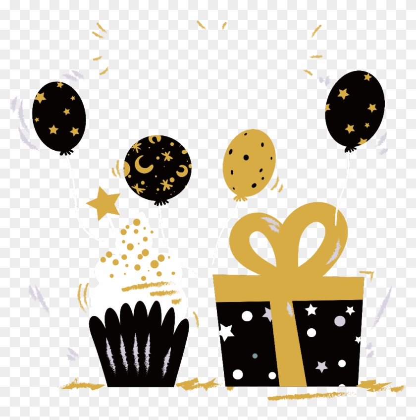 #party #cupcake #gift #balloons #dots #black #gold - Birthday Clipart #3563664
