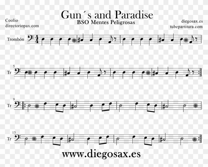 Tubescore Sheet Music Gun's Paradise For Trombone - Partitura Coolio Gangsta Paradise Clipart