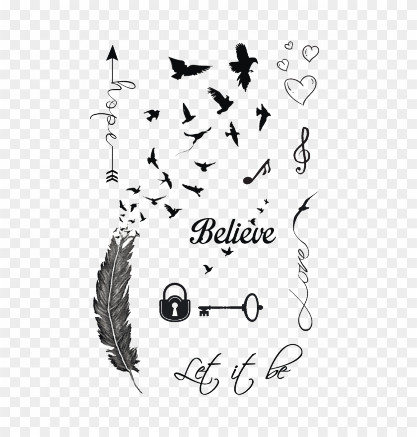 Temporary Tattoo “believe, Hope, Love” Set - Feathers Into Birds Tattoo Clipart
