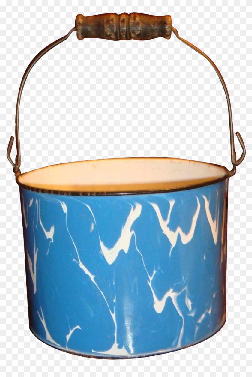 Large Blue White Swirl Graniteware Bucket Wooden Bale - Fictional Character Clipart