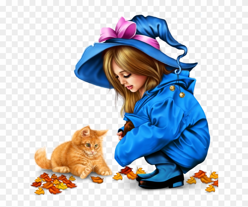 Little Girl In Raincoat With A Kitty Png - Drawing Clipart