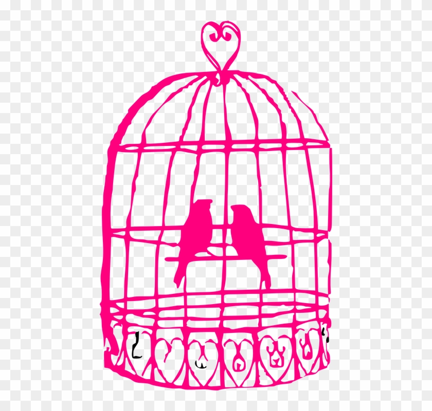 Cage Birds Animals Couple Heart Hot Love Pink - Birds In Cage Drawing Clipart #3611491