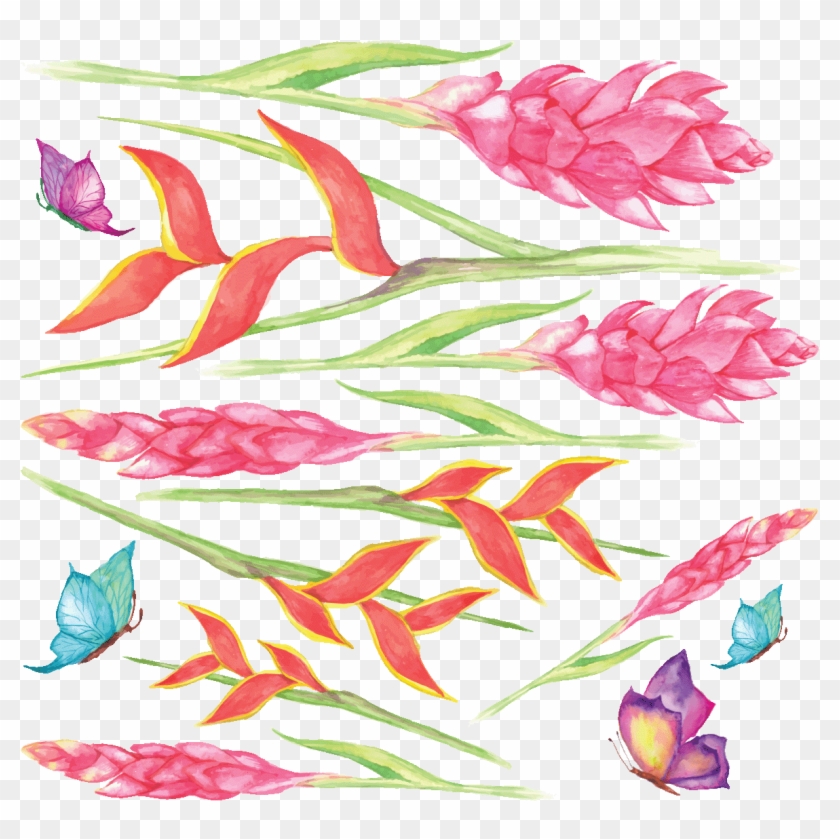 Sticker Fleurs Tropicales Et Papillons Ambiance Sticker - Tulip Clipart #3616119