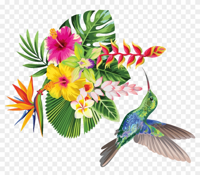 Sticker Fleurs Tropicales Et Colibri Ambiance Sticker - Stickers Muraux Fleurs Tropicales Clipart