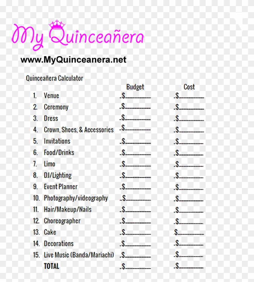 Quinceañera Budget Calculator - Xv Años Lista De Padrinos Para Quinceañera Clipart #3623722