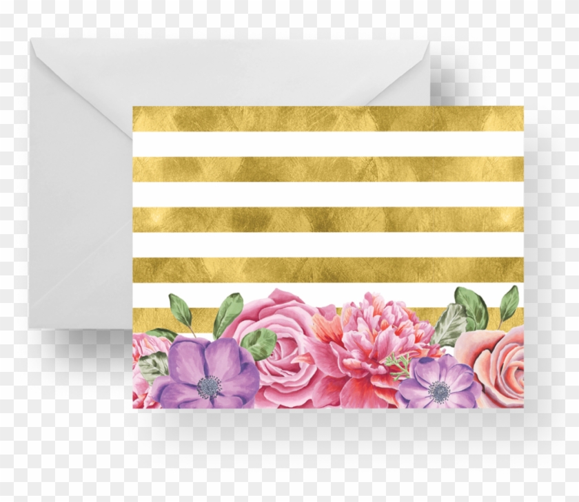 Floral Gold Stripes Note Card Set - Chrysanths Clipart #3648902