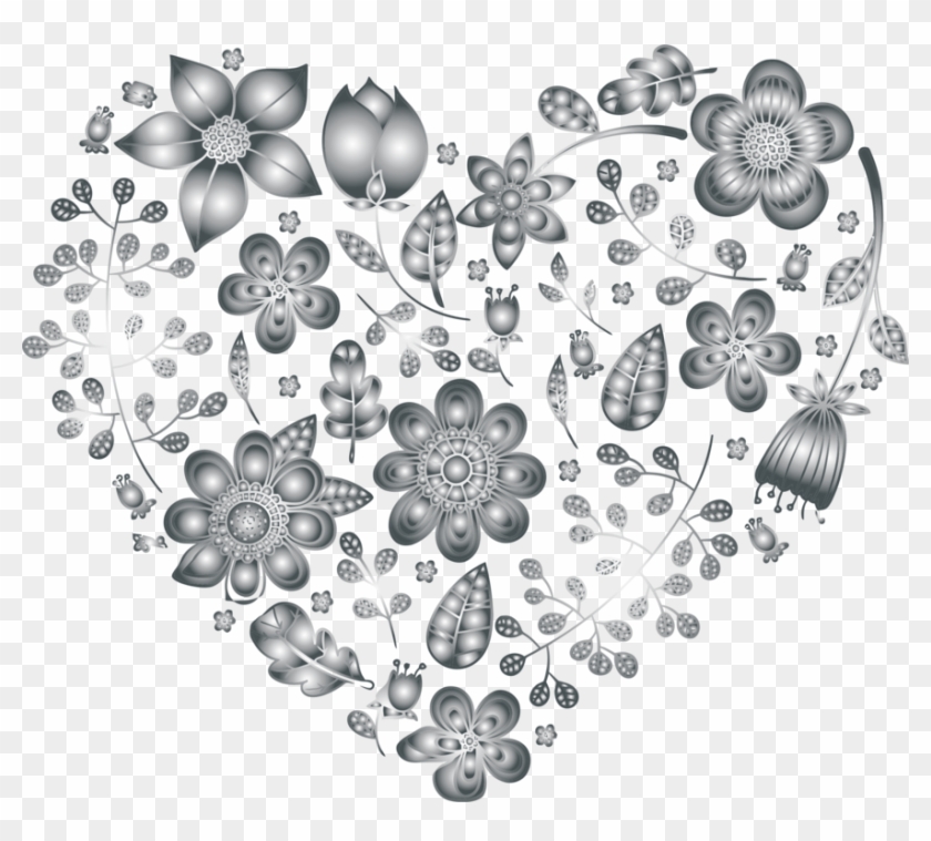 Flower Grayscale Black And White Floral Design Drawing - Transparent Floral Heart Black Clipart #3657246