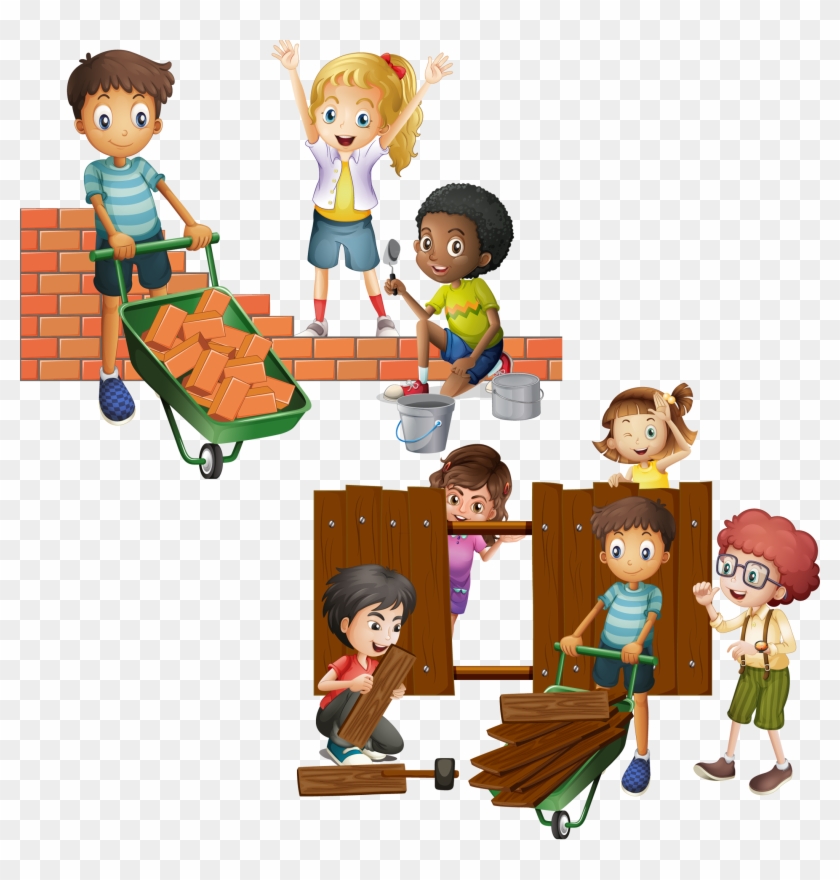 Wall Brick Building Clip Art Child And - Building A Fence Cartoon - Png Download
