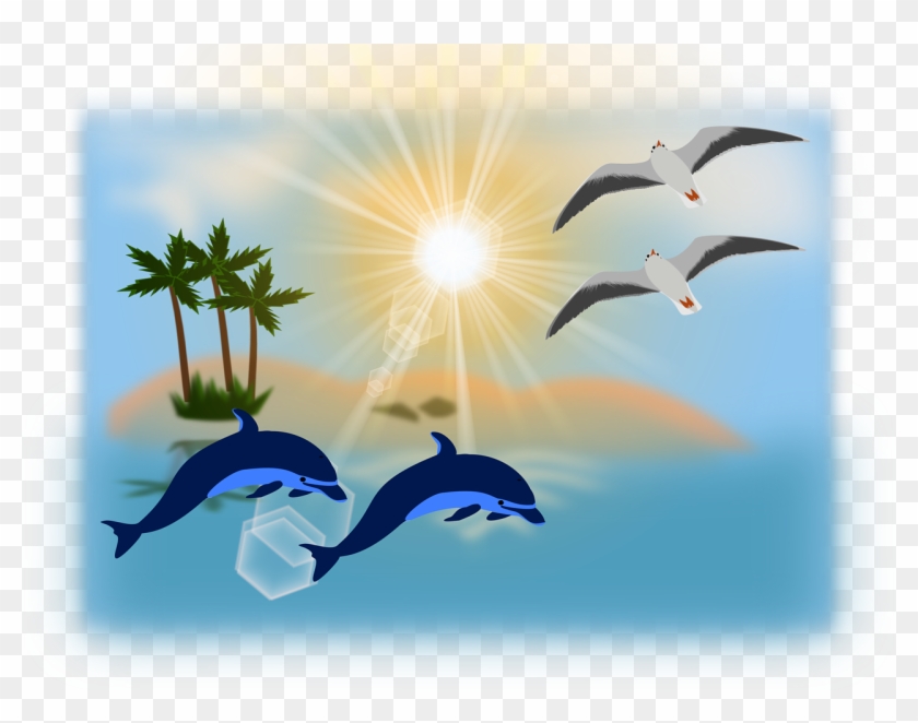 Palm Trees Beach Sea Dolphin Png Image - Ocean Clip Art Transparent Png