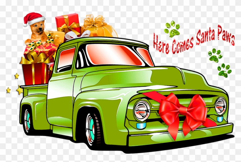 Christmas, Truck, Car, Here Comes Santa Paws, Dog - Outdoor Christmas Car Clipart - Png Download