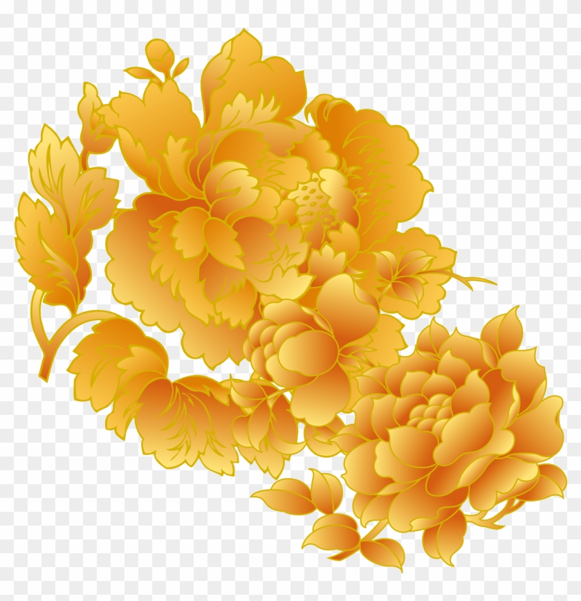 China Moutan Peony Motif Gold Golden Chinese Ⓒ - Golden Chinese Flower Png Clipart