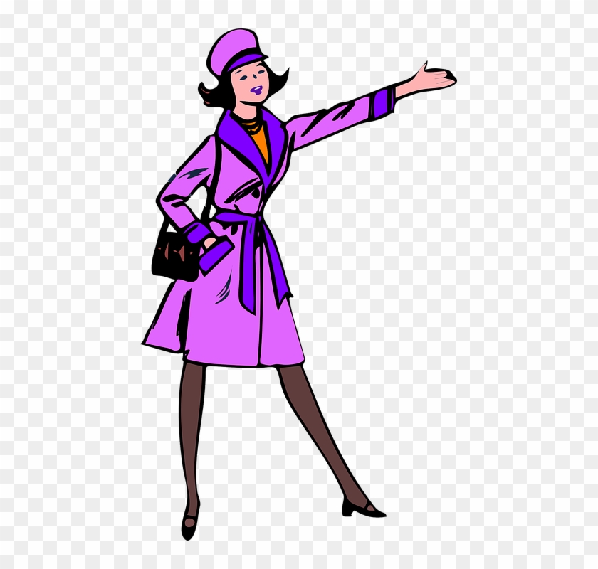 Pointing Purple Woman Lady Stop Coat Taxi Purse - Thin Woman Clip Art - Png Download