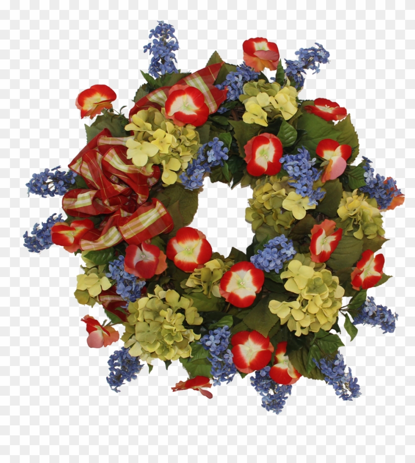 Spring Wreath W/ Red Pansies, Blue Lilacs And Olive - Wreath Clipart #3701781
